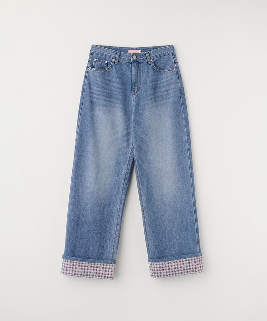 Selliteiljeu Check Flower Roll-Up Denim Pants_Blue