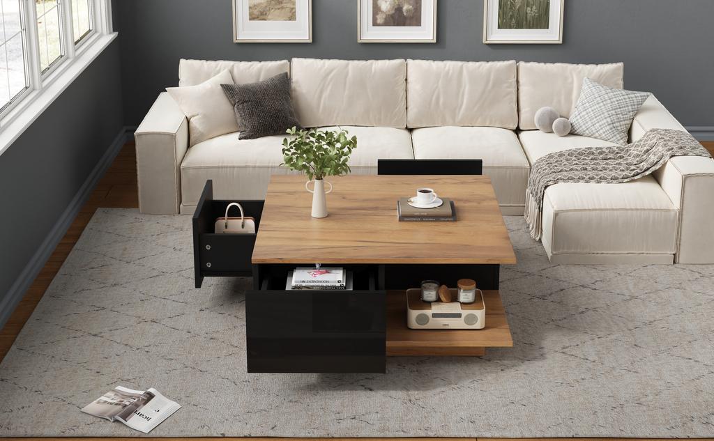 70 x 70 x 31.5cm Coffee Table with 3 Drawers, High-Gloss, Sofa/Side Table, Suitable for Small Rooms, Black + Original Wood Color