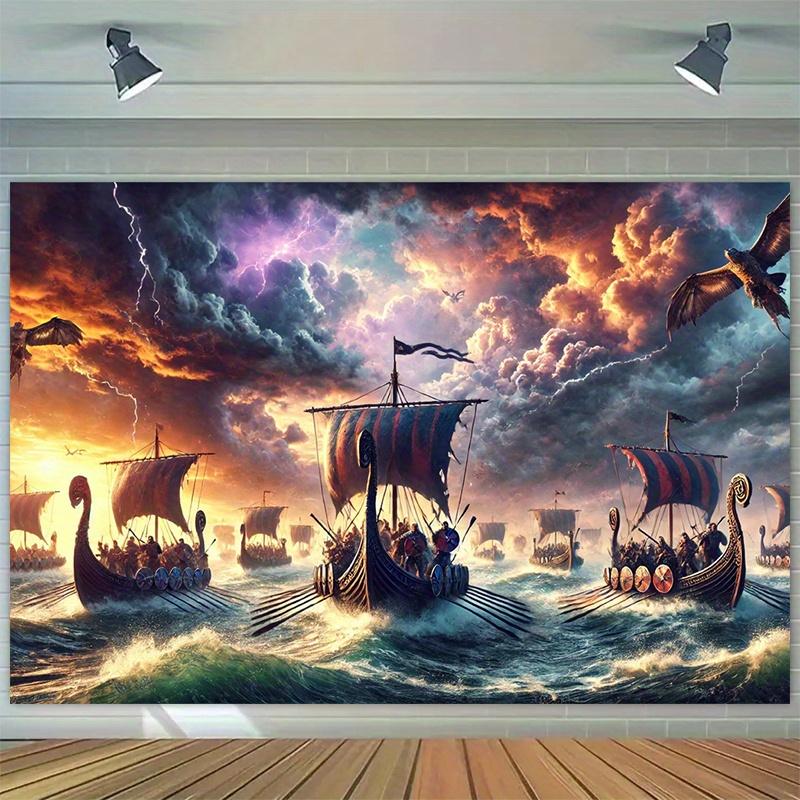 Viking Ship Tapestry, Warriors Sailing In Stormy Sea with Lightning, Epic Norse Battle Scene Wall Art for Home Dorm Decor