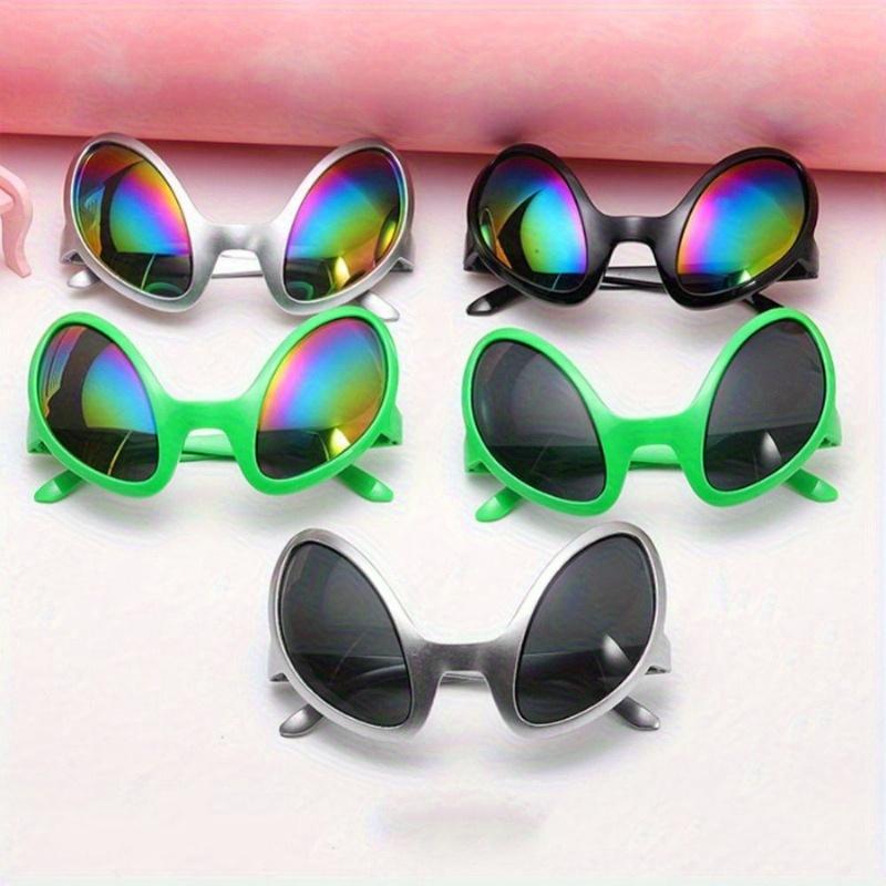 Alien-Themed Rainbow Fashion Glasses with Green Glitter Antennas - Fun Party Accessory for New Year's, Halloween, and Themed Events