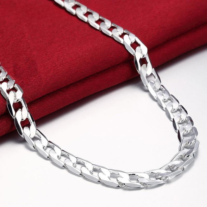  Sterling Tone 16 /18 /20 /22 /24 Inch 8Mm Flat Sideways Figaro Chain Pendant Necklace Woman Man Stylish Fashionable Nuptial Bridal