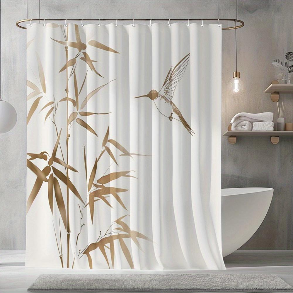 1 ks Zlatá textura Chinoiserie Závěs do sprchy - Bambus a Kolibříci, 12 Háčků, Polyester, Voděodolný, 71x71