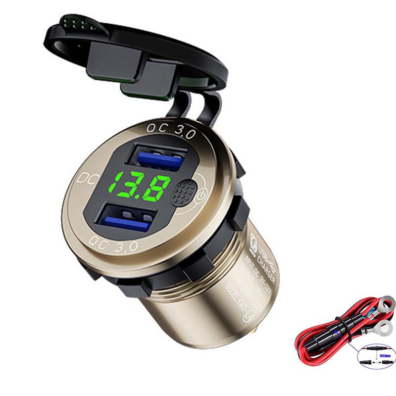 Carga rápida 3.0 36w carro duplo usb carregador qc3.0 alumínio à prova dwaterproof água com interruptor de voltímetro para 12v/24v motocicleta barco marinho rv