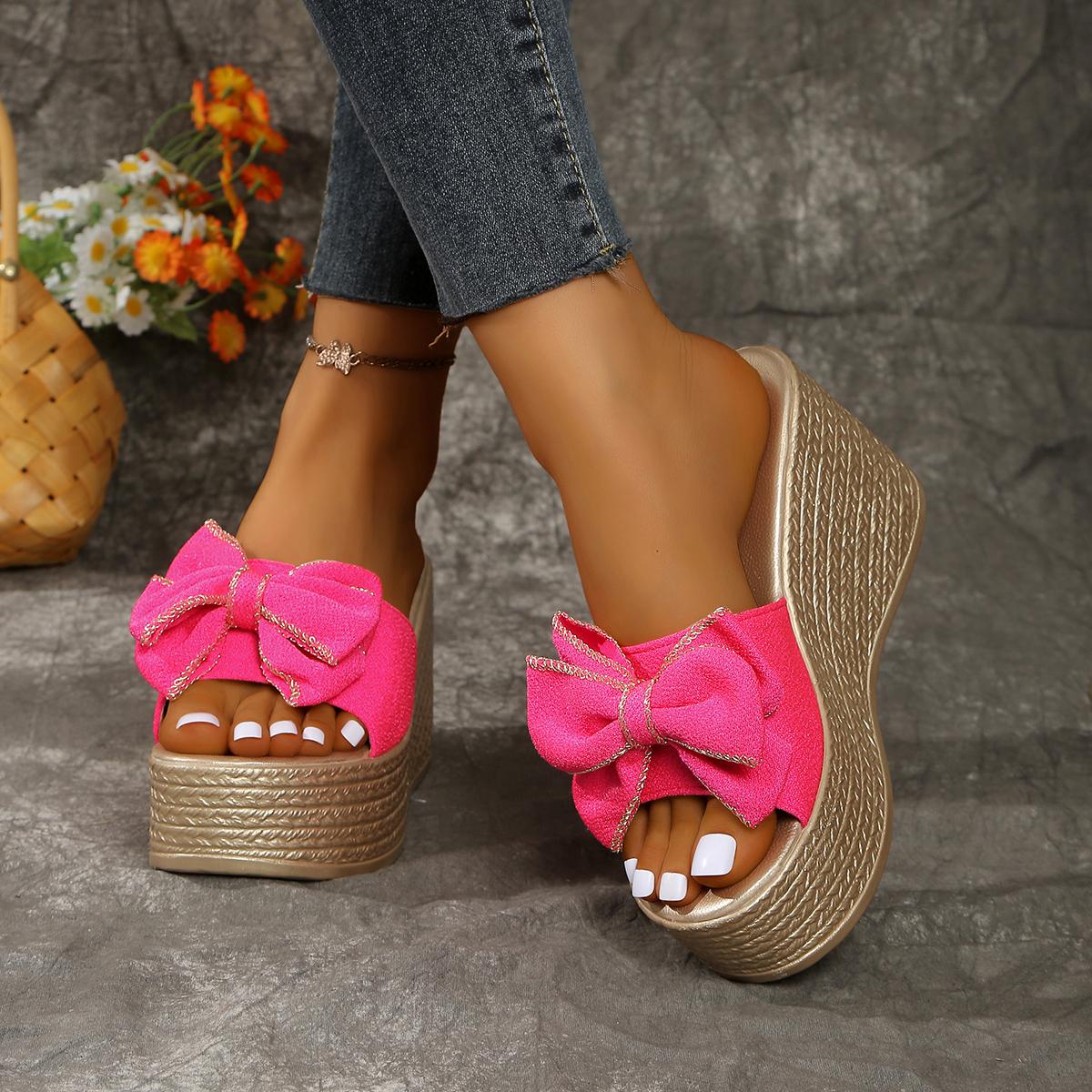 

Модные шлепанцы на высоком каблуке, летняя водонепроницаемая платформа, бант, удобная и элегантная женская обувь больших размеров на танкетке 35