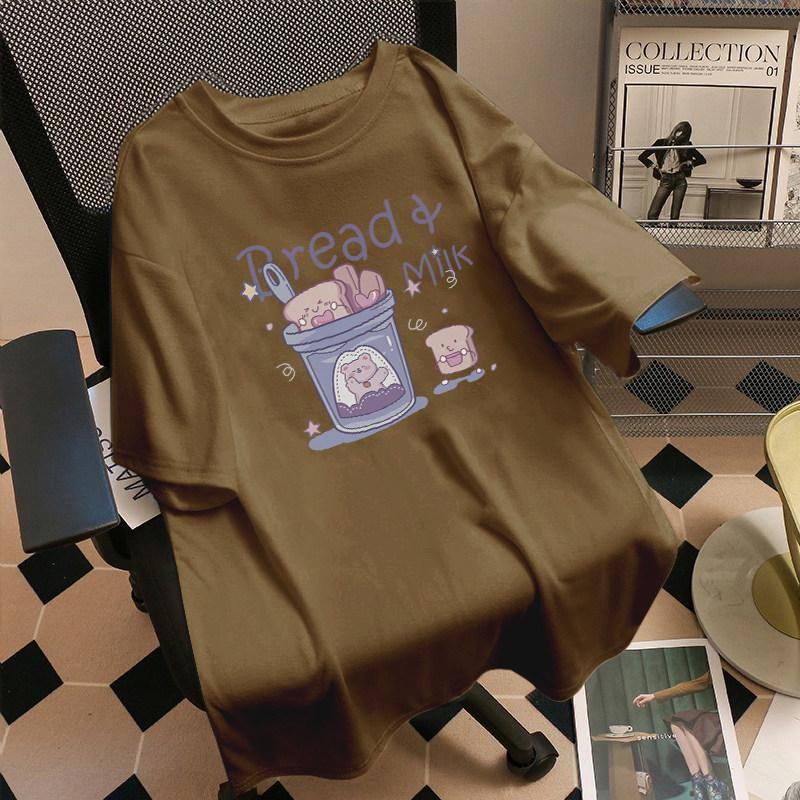 Japanese Cute Plus Size Purple Printed Cotton T-Shirt for Women - Loose, Short Sleeve, Summer Style