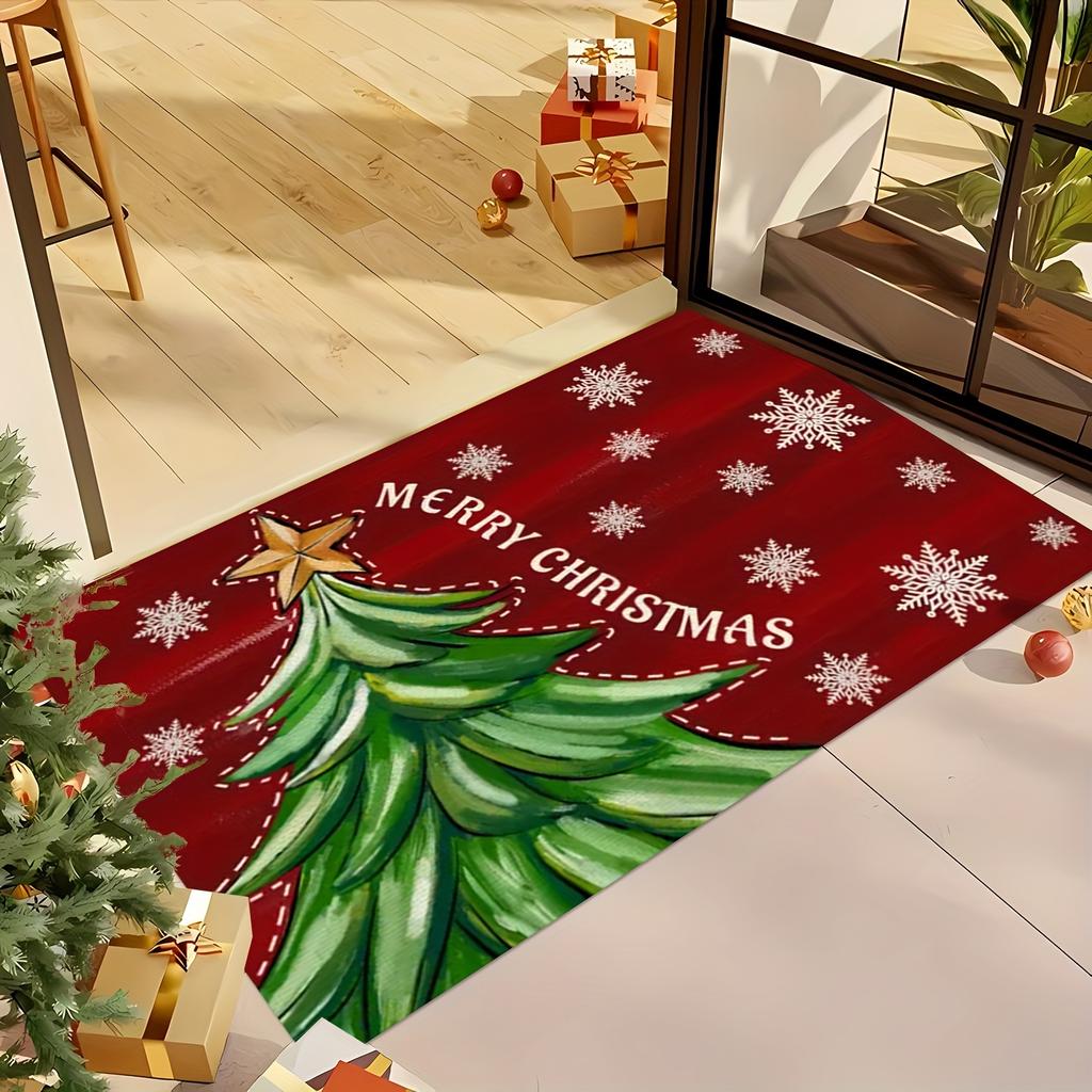 Christmas Snowflake Letter Star Tree Doormat, Machine Washable Flannel Rug with Back Glue for Indoor Outdoor Multi-Room Decor