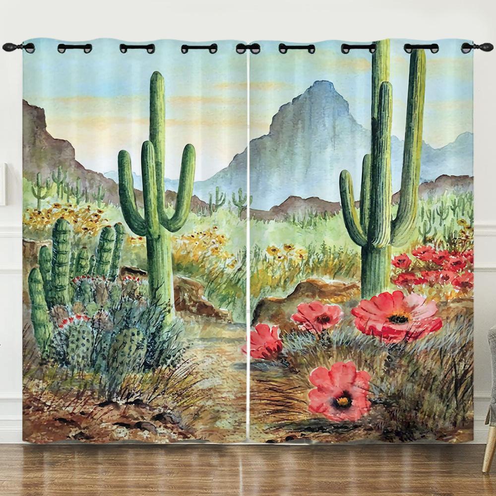 Curtains Fresh Green Plants Hand-Painted Cactus 3D Digital Printing Blackout Curtain Punching