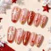 24 Pcs Christmas Almond Cat Eye Gold Foil Nails with Snowflake & Deer Design - High-End French Manicure Tips