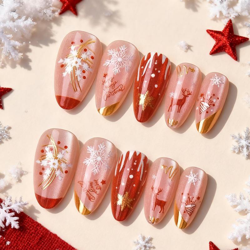 

24 pcs Christmas Almond Cat Eye Gold Foil Nails with Snowflake & Deer Design - High-End French Manicure Tips