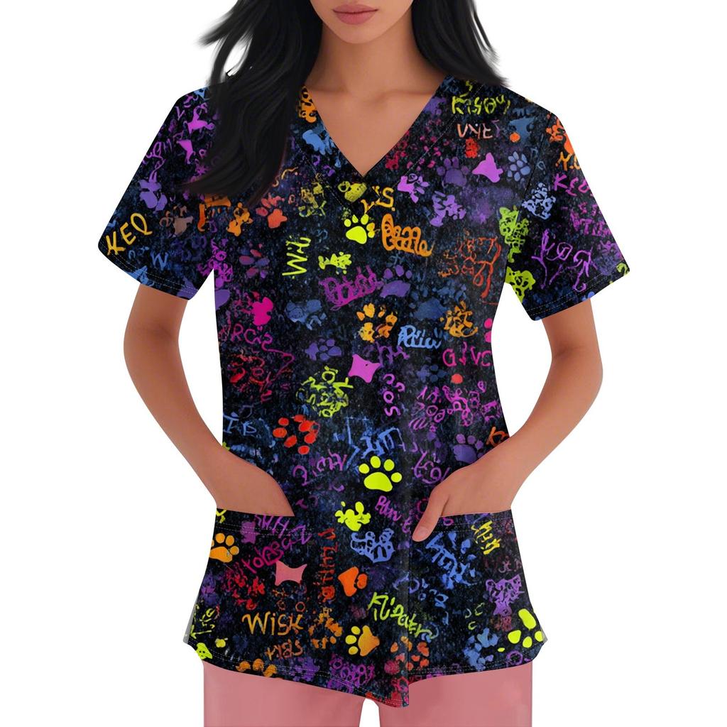 Women's V-neck Printed Short-sleeved Work Clothes With Side-slit Pockets And Uniforms