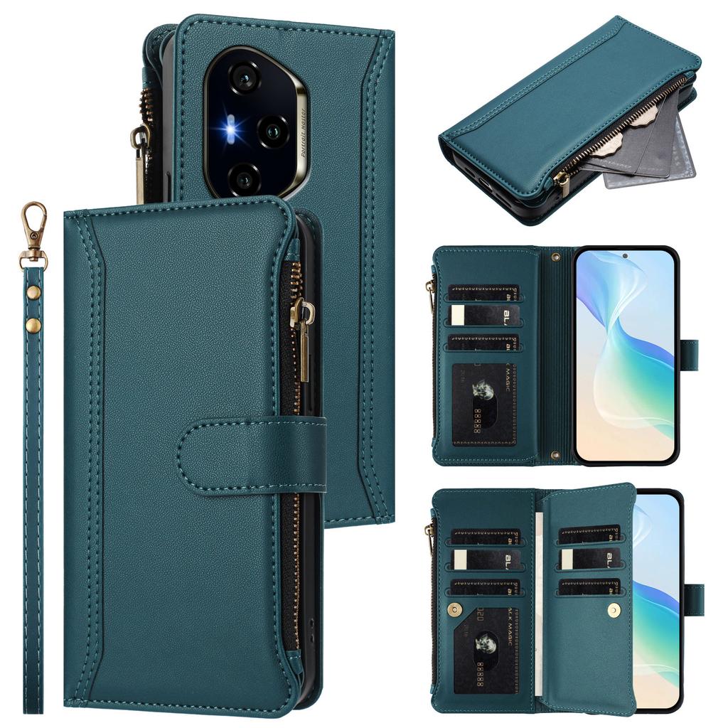 For Honor 400 5G (Global) Leather Case 9 Card Slots Zipper Wallet Stand Phone Cover with Wrist Strap