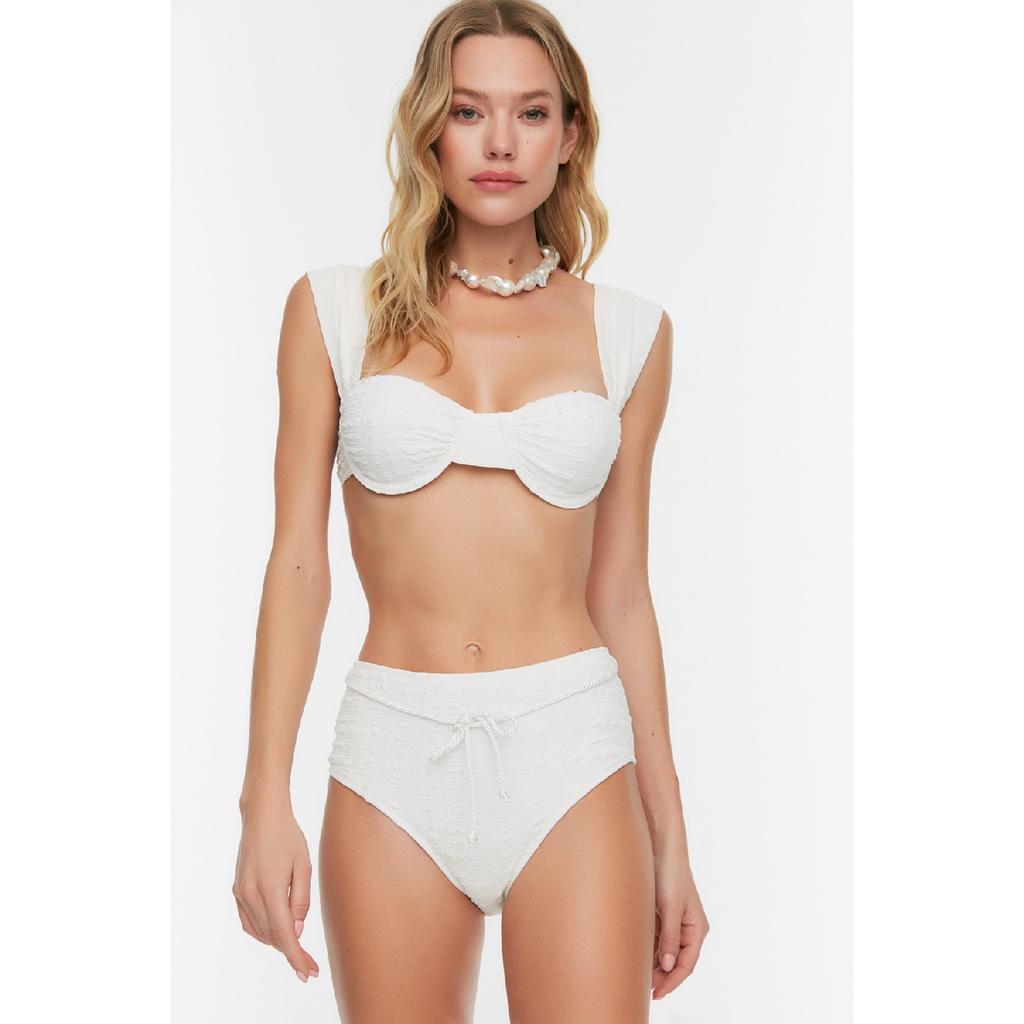 High Waist Bikini Bottom With Ecru Textured Belt Tbess21ba0167