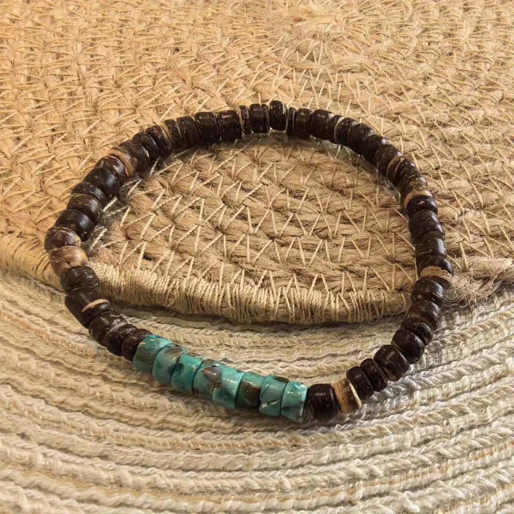 Men Summer Surfer Wood and Gemstone Heishi Bead Bracelet