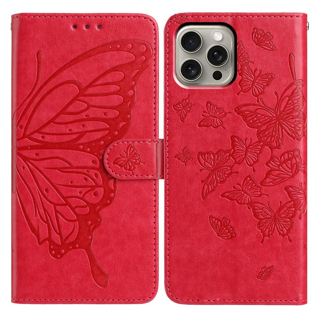 For iPhone 16 Pro Max Case Butterfly Imprinted Wallet Stand PU Leather Flip Phone Cover with Strap