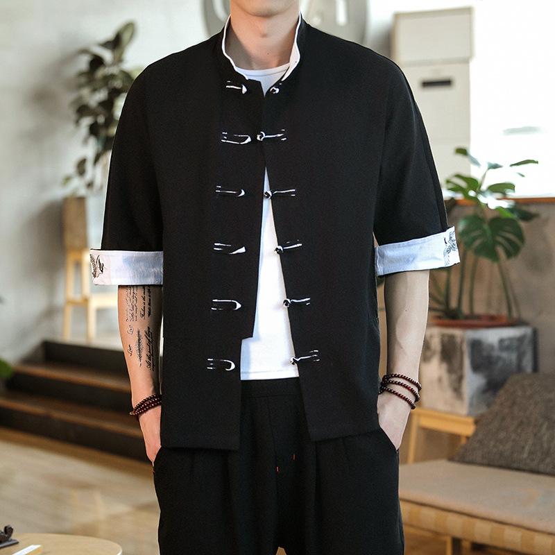 

Traditional Chinese Style Mens Vintage Short Sleeve Shirts Summer Crane Embroidery Top Kung Fu Collar Shirt XXXXL чорний