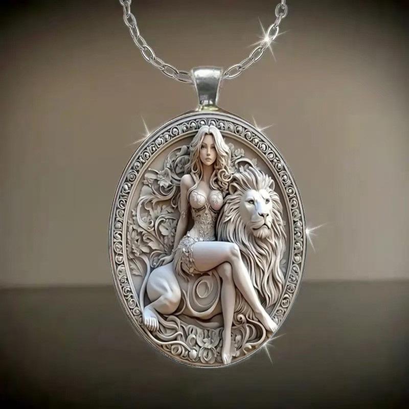 Beauty and Lion Pattern Oval Glass Pendant Necklace Jewelry