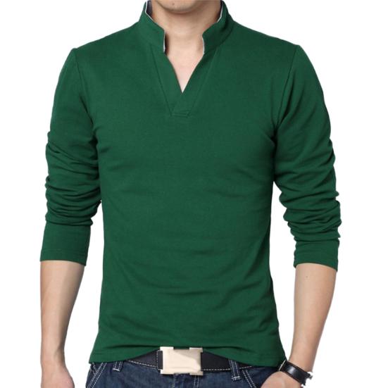 Solid Color Men Plus Size Stand Collar V Neck Long Sleeve T-Shirt Slim Fit Top