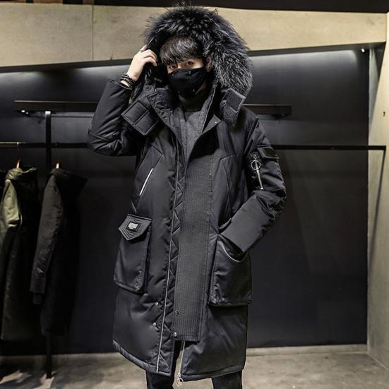 Men Down Jacket Fur Collar Hooded Long Sleeve Solid Color Winter Coat Zipper Placket Pockets Thickened Puffer Outwear