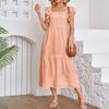 Women's Fashion Loose Fly Sleeve Square Neck Strapless Pleated Splicing Ruffle Hem Dresses
