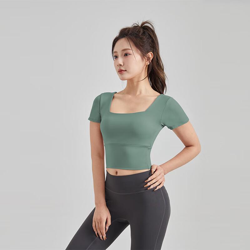 OEING Square Neck Yoga Short Sleeve Fitness Top with Built-in Bra