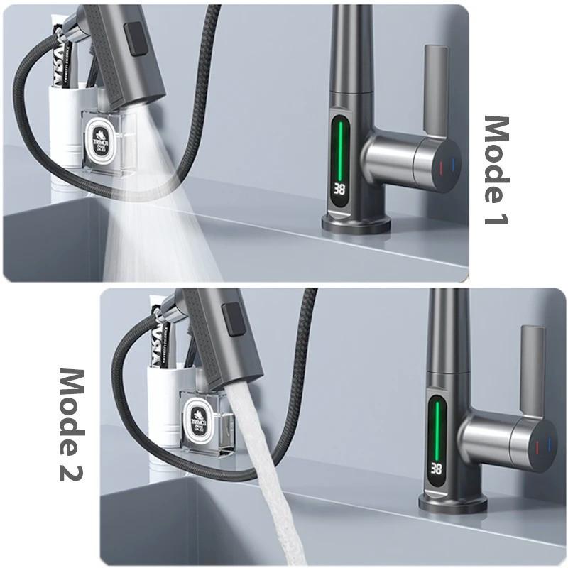 Waterfall Temperature Digital Display Basin Faucet Lift Up Down Stream Sprayer Bathroom Hot Cold Water Sink Mixer