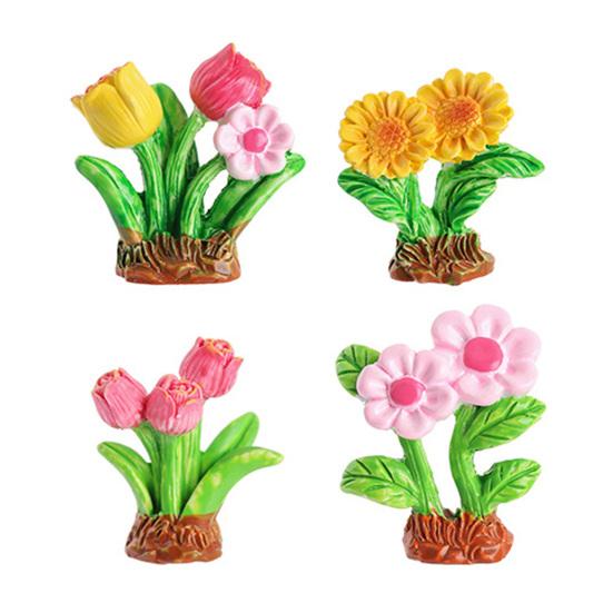 

4 Pcs Miniature Flower Cluster Figurine Tiny Resin Fake Sunflower Tulip Grass Model for Fairy Garden Micro Landscape 4pcs