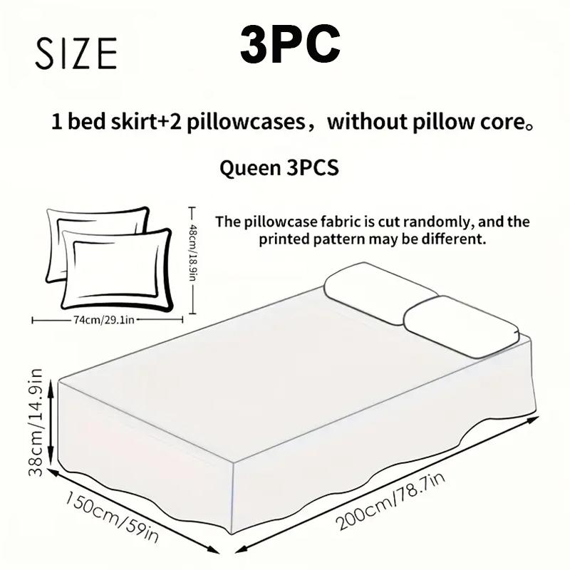 3pc Tropical Floral Bed Skirt Set Includes 1Non-slip Lace Bed Skirt And 2 Decorative Pillowcases All-season Polyester Bedding Ruffles Machine Washable