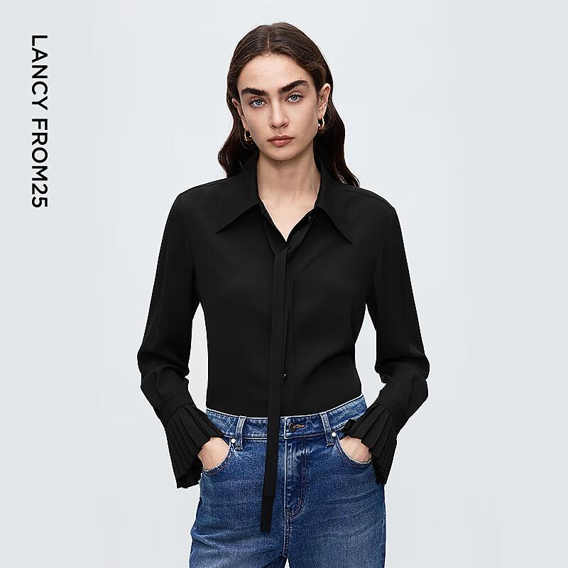 LANCY Commuter Style Tie-Neck Pleated Sleeve Blouse