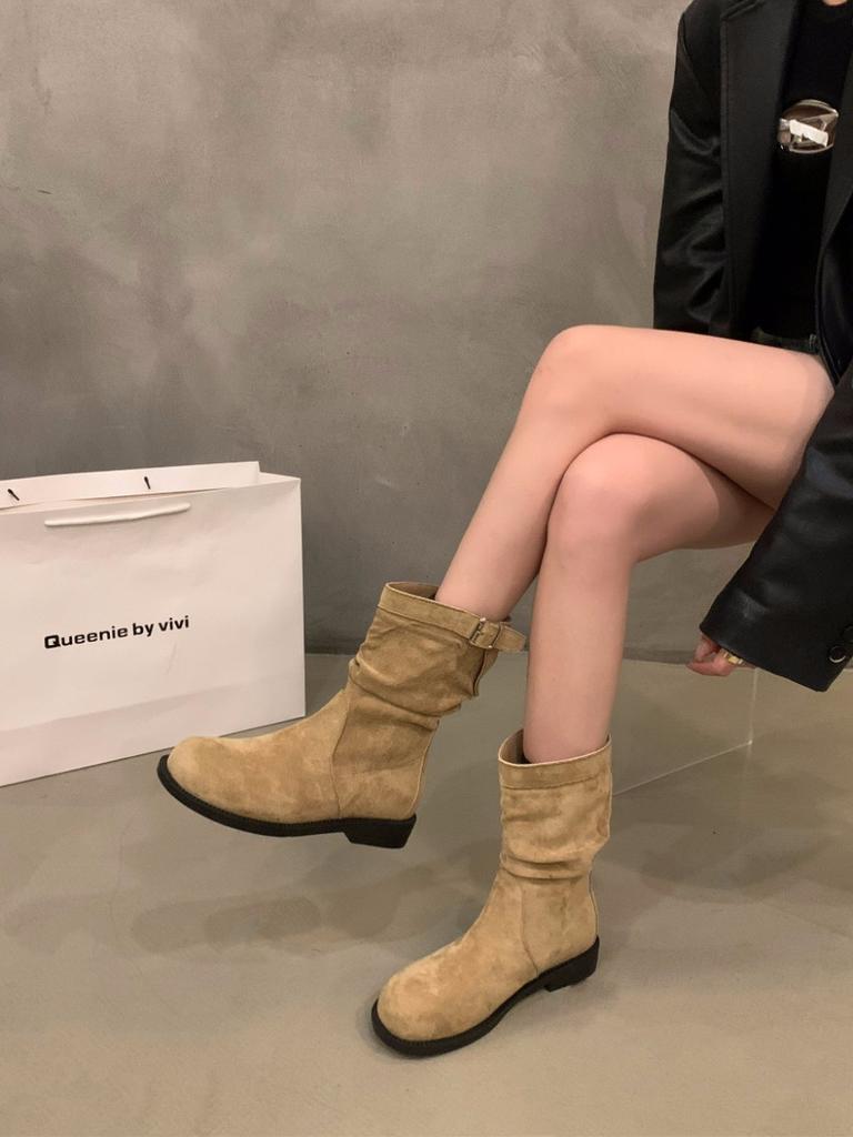 Retro Mittelstiefel mit dickem Absatz Ritterstiefel Damenschuhe 2025 neue Herbst- und Winter-Stiefeletten Martin-Stiefel