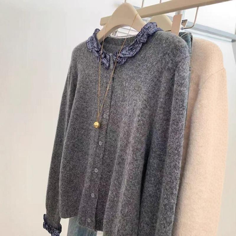Dark Gray Plaid Fungus Edge Long-sleeved Knitted Cardigan Sweater Jacket with Women's Temperament Top New