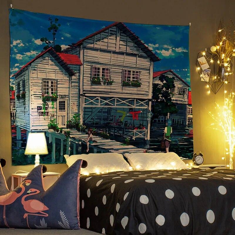 Cartoon-Wandteppich, Wanddekoration, Inneneinrichtung, Szene, Kunst, hängender Hintergrundstoff