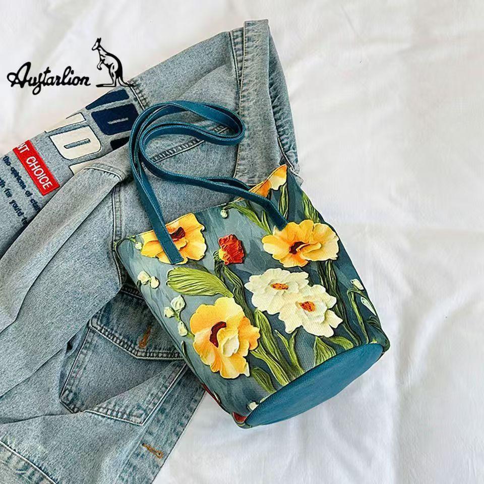 

Новая модная сумка-ведро с цветочным узором, холщовая повседневная сумка через плечо, большая вместимость, креативная женская сумка 19x18x27cm синий