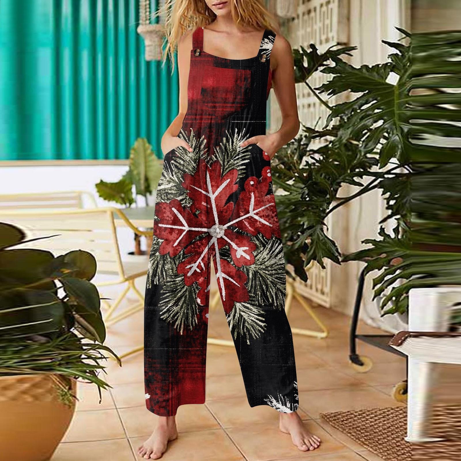 Женский модный повседневный винтажный комбинезон без рукавов с рождественским принтом — фото 3