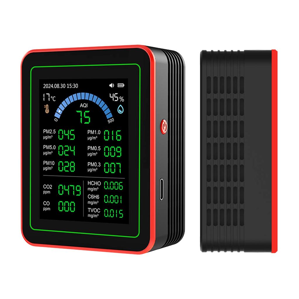 Air Quality Meter 18 In 1 CO2 TVOC HCHO PM2.5 PM10 Temp Humid Detect Tester Indoor Battery Powered Data Storage Black