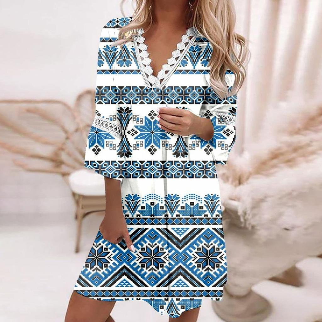 Fashion Women's V-neck Printed Lace Patchwork Bohemian Casual Resort Dress