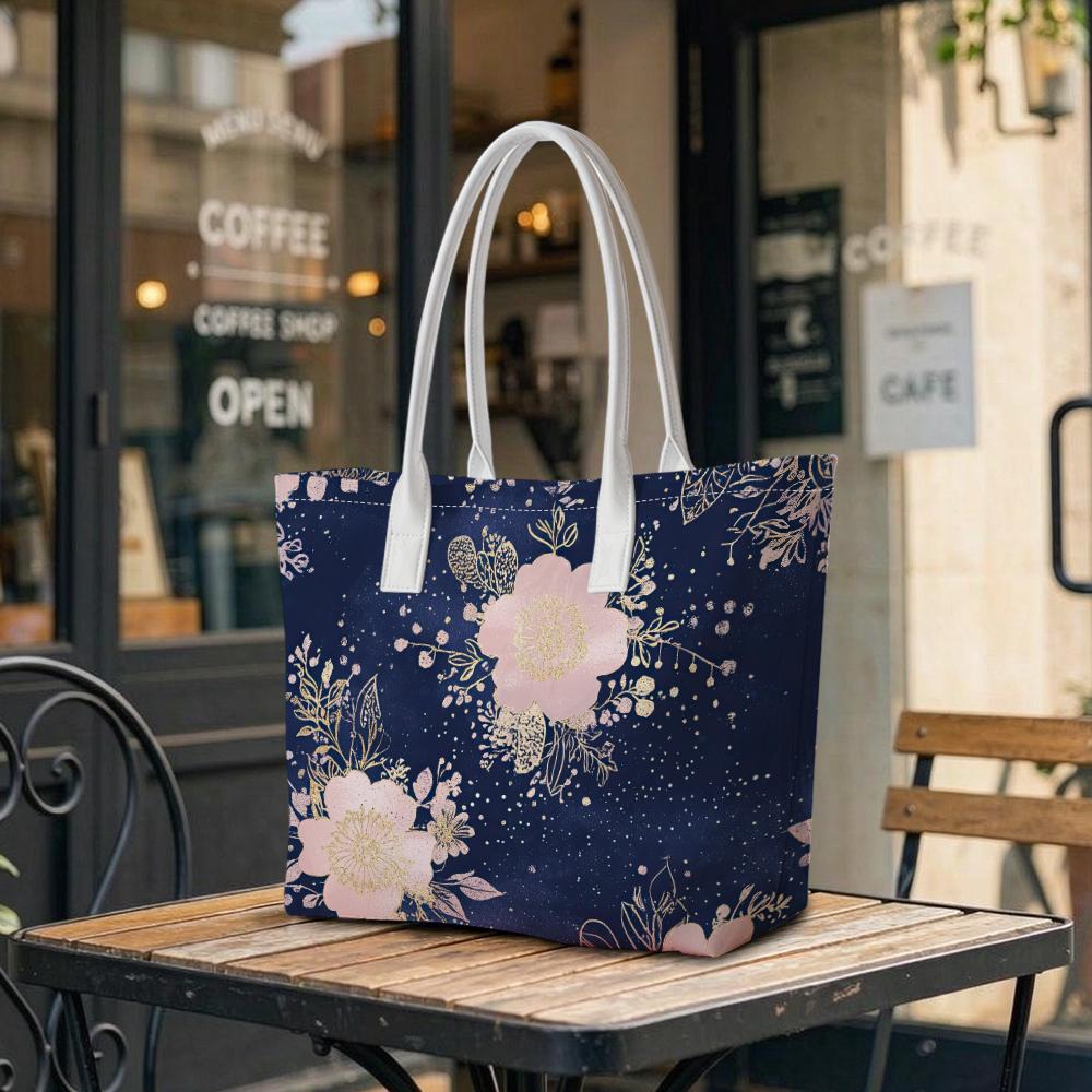 Elegant Floral Print Tote Bag for Daily Outdoor Shopping Commute Use