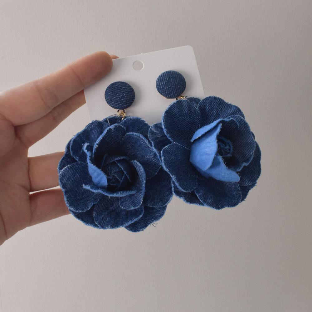Women Fashion Denim Camellia Earrings, Floral Personality Exaggerated Versatile Super Fairy Ear Accessories