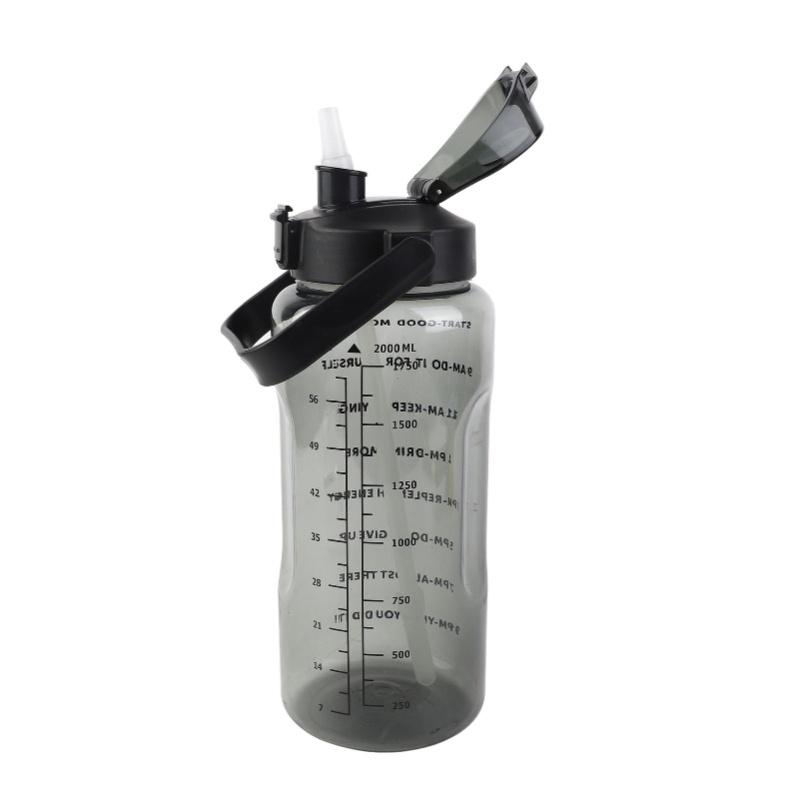 2000ml Large Water Bottle Leakproof High Temperature Proof Fitness Water Bottle With Straw And Time Scale Black 2000ml