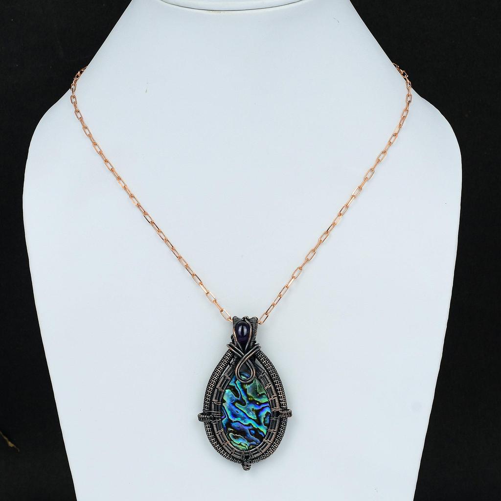 Abalone Shell Pendant Copper Wire Wrapped Pendant Gemstone Jewelry Handmade Pendant Gift For Him African Amethyst Pendant Wire Jewelry Gift