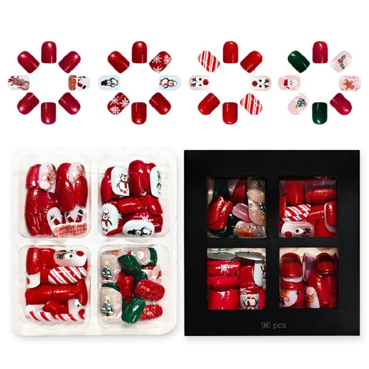 

96Pieces Glitters Press On Nail Red Green Sparkles Snowflake Design Comfortable Fit Daily 1