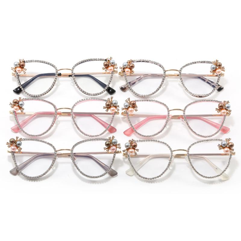 Triangular Cat-eye Rhinestone-encrusted Non-prescription Glasses, Anti-blue Light Luxury Eyeglass Frames, Pearl Retro-style Eyeglass Frames