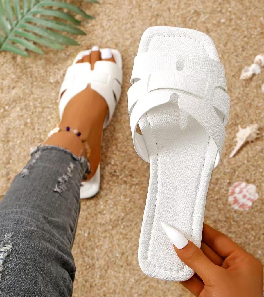 Fashion White Flat Slippers for Women Summer Design Soft Non-slip Slippers Braided Open Toe Square Head Outdoor Beach Slippers Woman