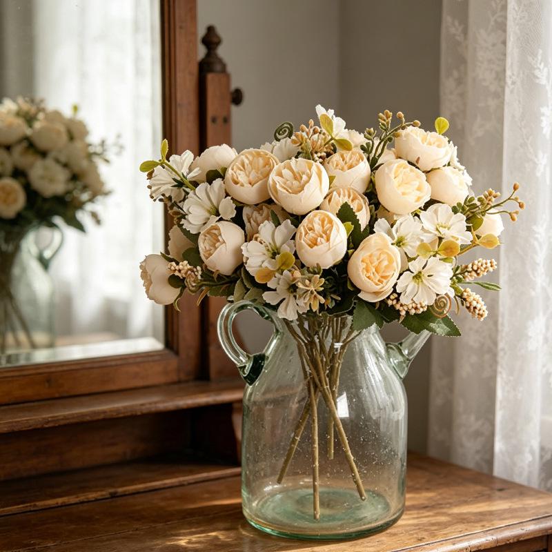 Retro Rouge Rose Beaded Floral Arrangement: Pastoral Home Decor Scene with Simulated Flowers