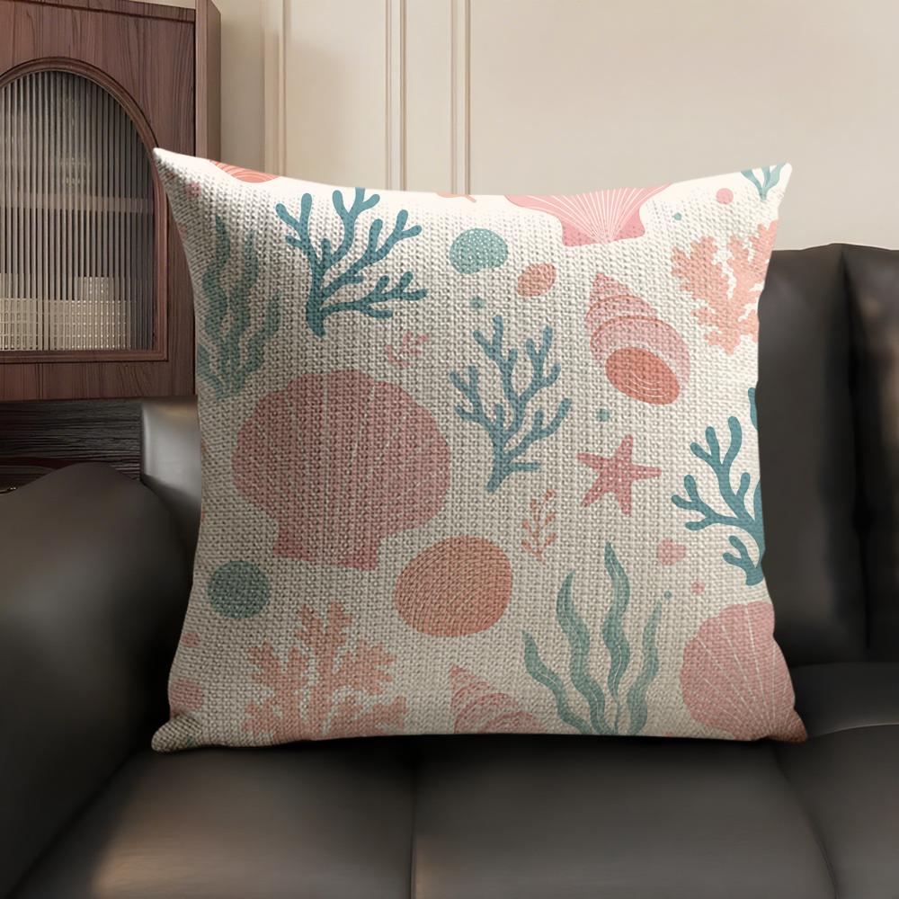 Cushion Cover Coral Shell Breathable Linen Organic Fabric DoubleSided Printing Sofa Pillow Case Home Decor