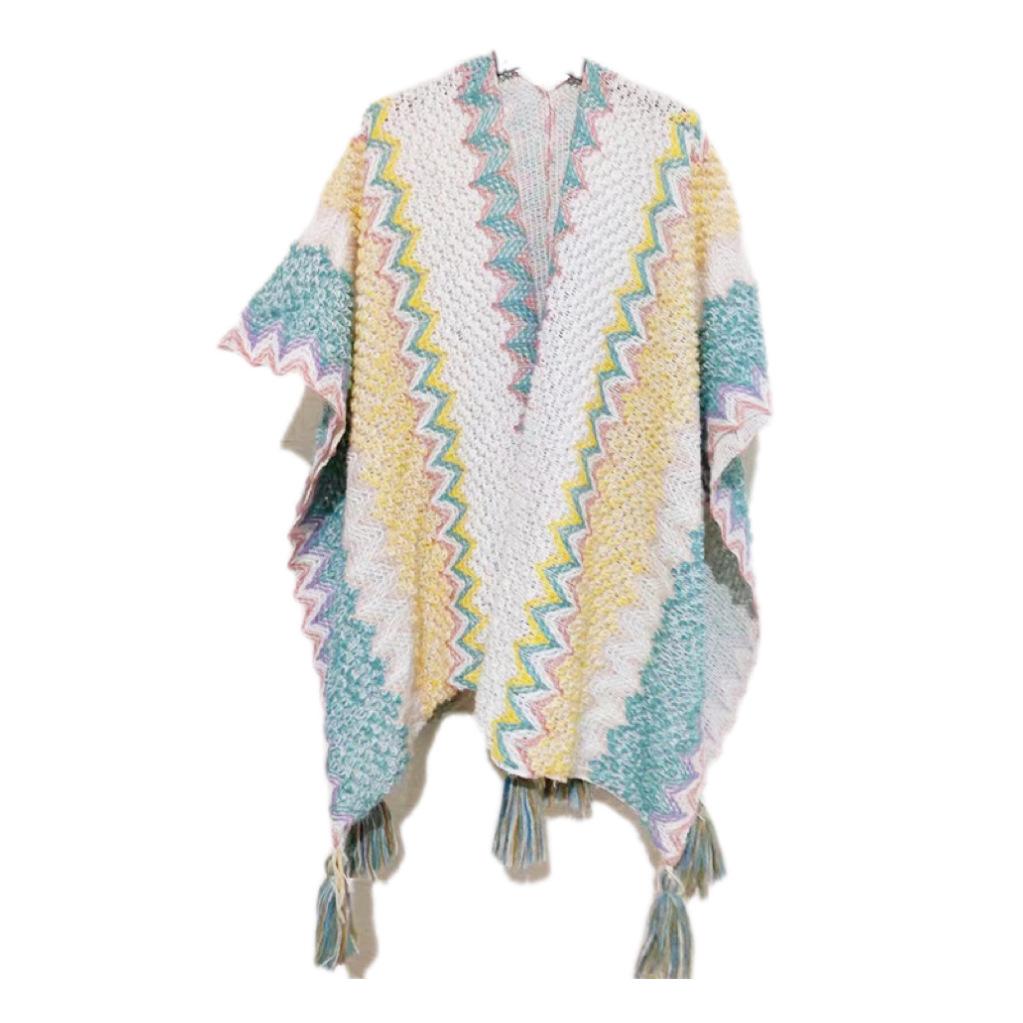Shawl Wraps for Women Boho Knit Poncho Ladies Rainbow Casual Loose Striped Fringe Blanket Scarf