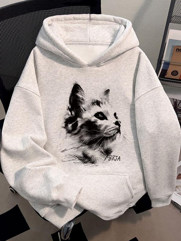 New Sketch Hand-painted Cat Print Cotton Hooded Sweater Men's Autumn and Winter Retro Couple Sports and Leisure Top Large Size