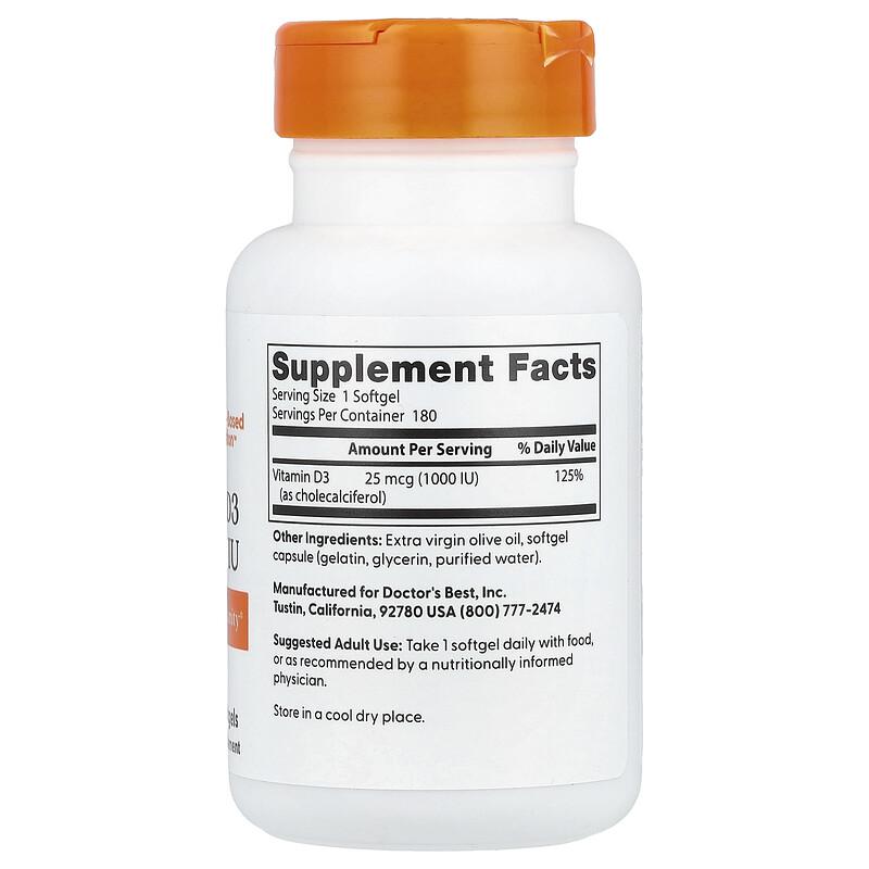 Vitamin D3, 25 mcg (1,000 IU), 180 Softgels