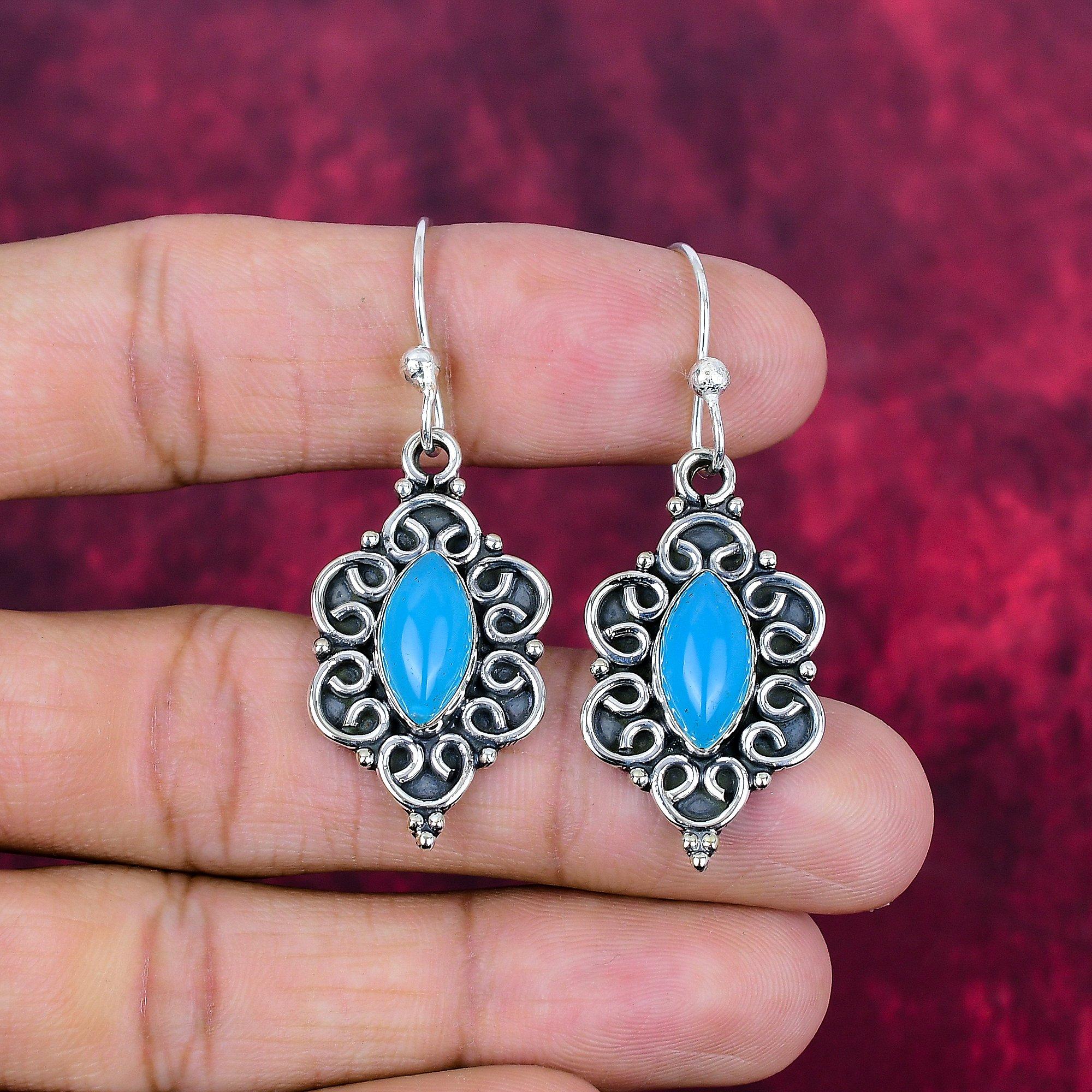 

Серьги из чистого серебра 925 пробы с синим халцедоном, серьги с драгоценными камнями ручной работы, подарки жене, абсолютно новые серьги 1.96 Inches