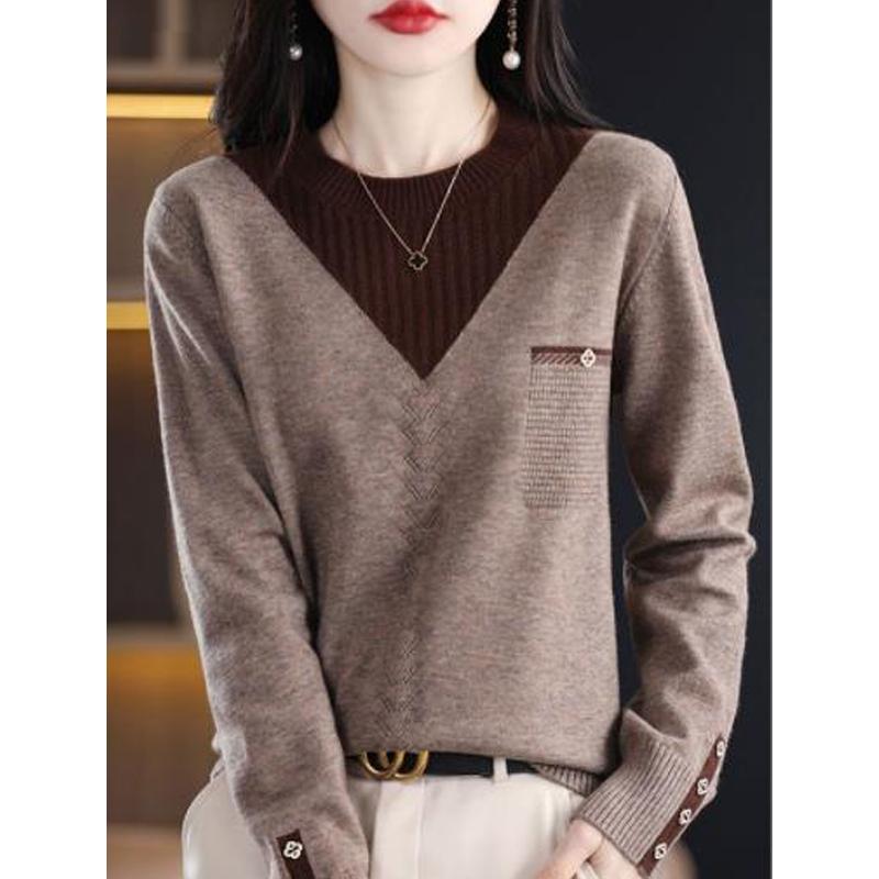 Damenbekleidung Herbst Winter Koreanischer Stil Patchwork Elegant Chic Gestrickte Pullover Lässig Rundhals Langarm Locker
