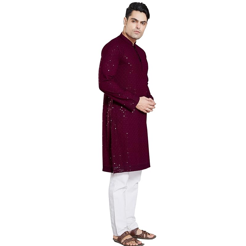 DIVISIVE Men's Sequince Embroidered Cotton Blend Only Slim Fit Kurta (DKRT14_M_Burgundy)